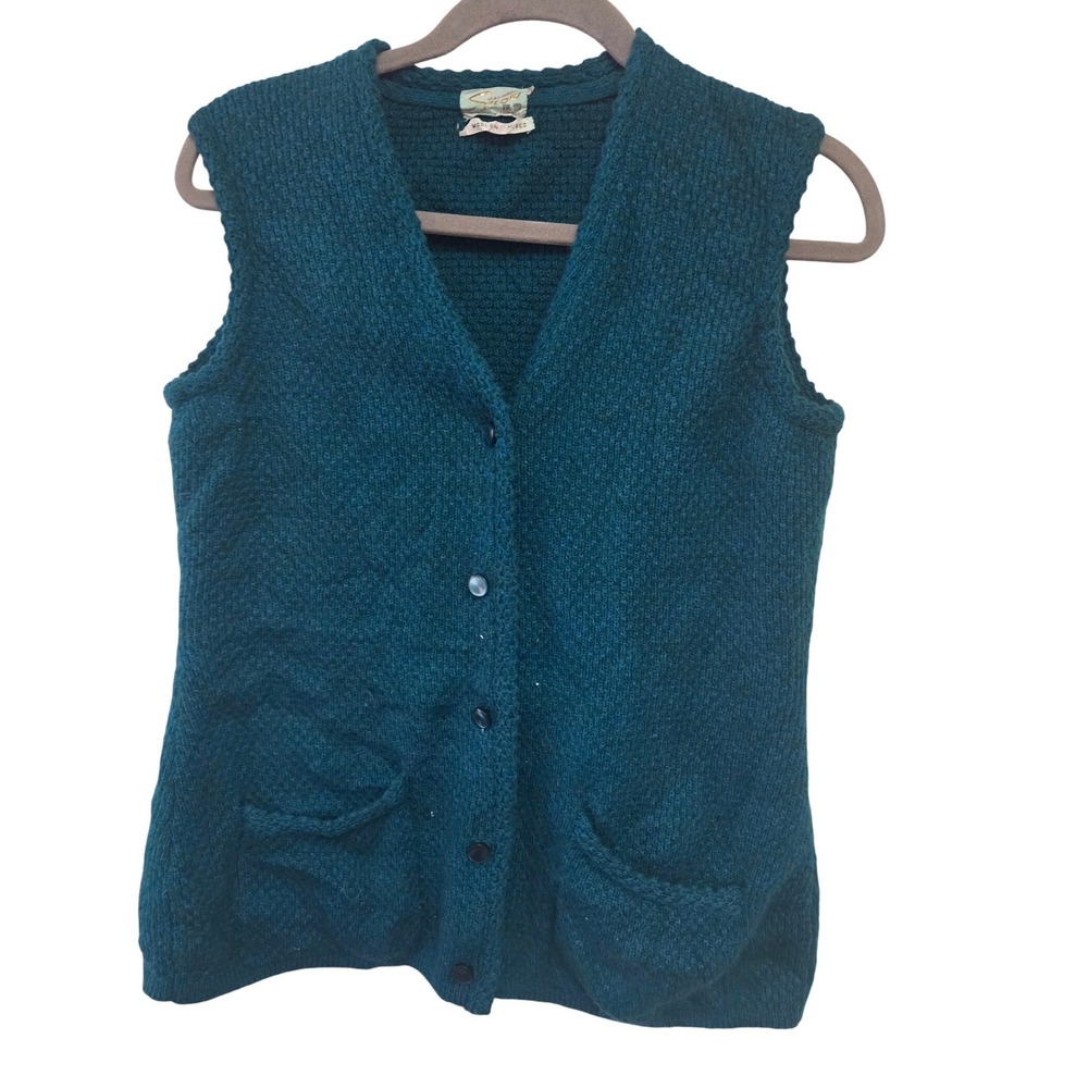 Vintage 1960s Teal Knit Sweater Vest Seapray Wool Blend Button Front Pockets Mod